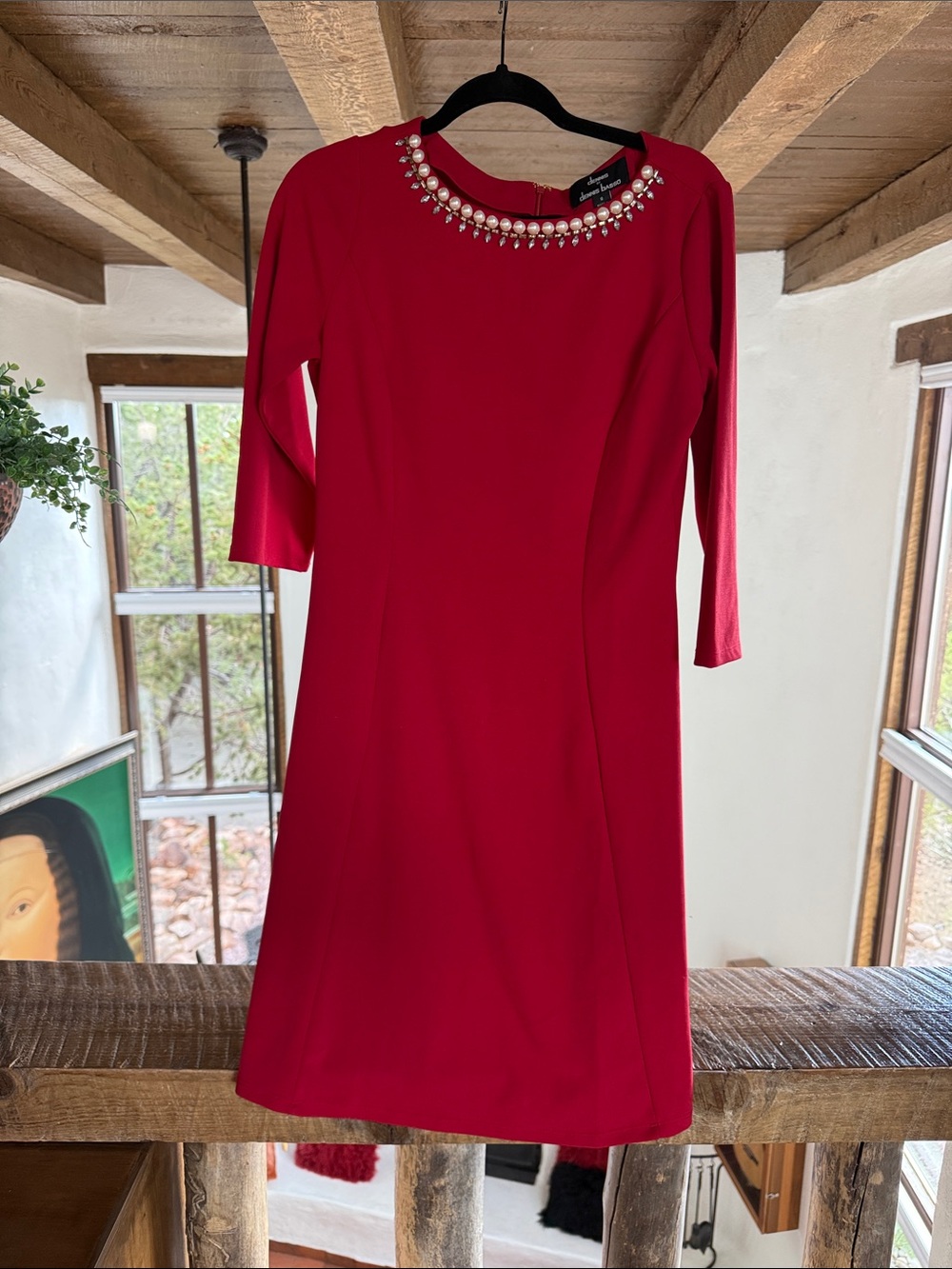 dennis basso Ruby Red Jeweled-Neck Midi Dress